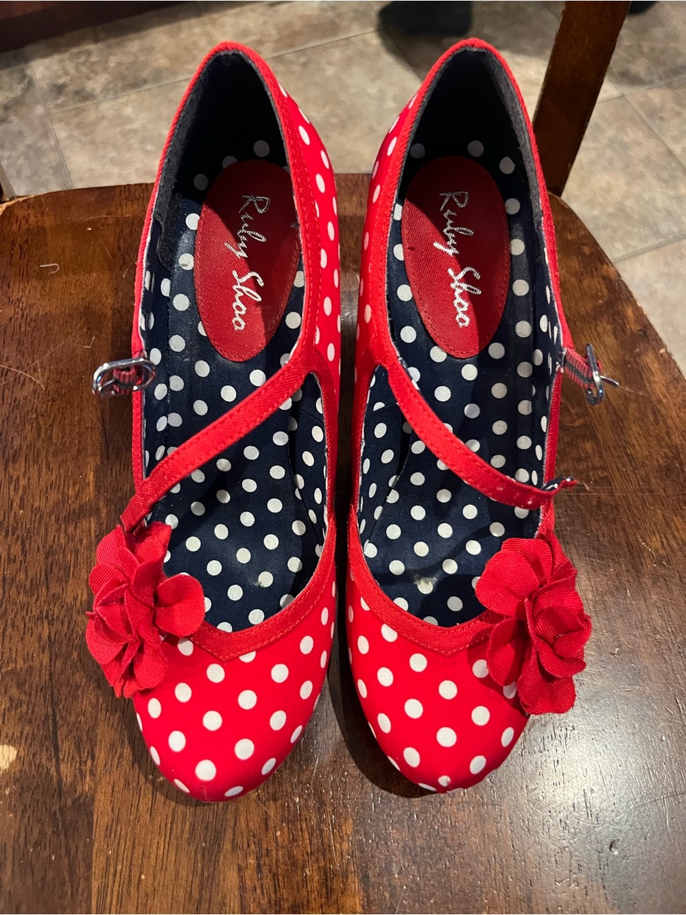 Ruby Shoo Red Polka Dot Mary Jane Heels with Flower Accent
